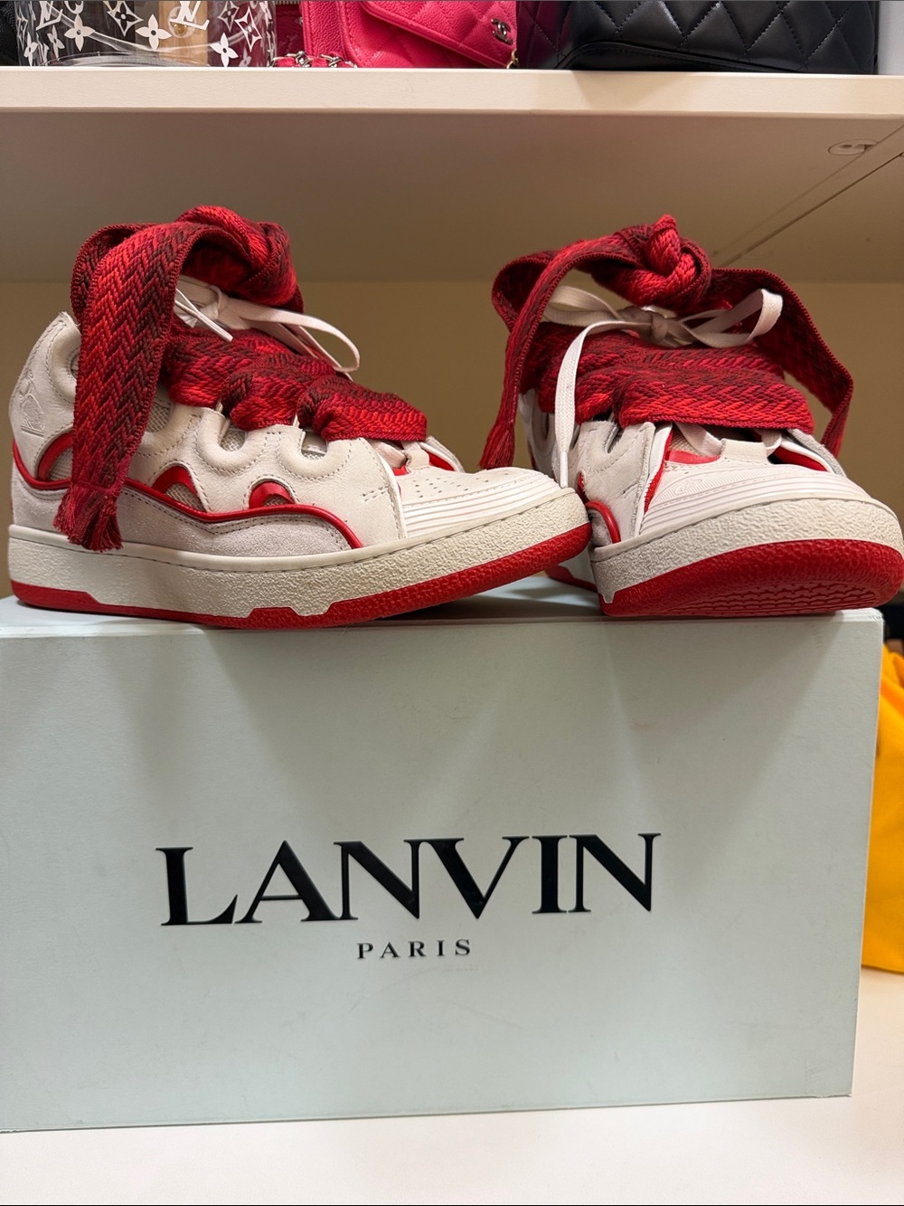 Lanvin Cream and Red Women's High-Top Sneakers